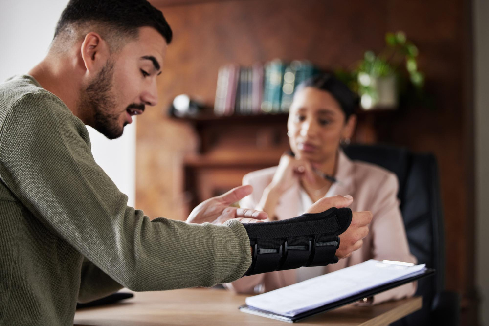 Attorney reviewing a personal injury case with a client after an accident in Nevada.